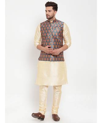 Men Beige & Teal Kurta with Churidar & Printed Nehru Jacket 1