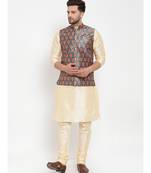 Men Beige & Teal Kurta with Churidar & Printed Nehru Jacket