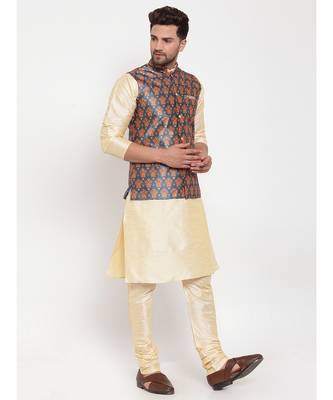 Men Beige & Teal Kurta with Churidar & Printed Nehru Jacket 2