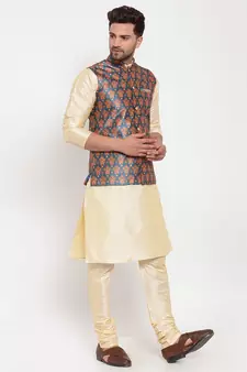 Men Beige & Teal Kurta with Churidar & Printed Nehru Jacket