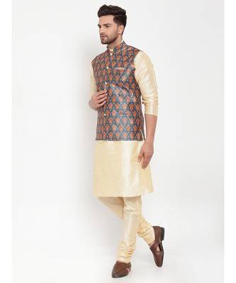 Men Beige & Teal Kurta with Churidar & Printed Nehru Jacket 3