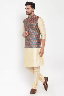 Men Beige & Teal Kurta with Churidar & Printed Nehru Jacket