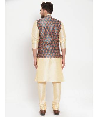 Men Beige & Teal Kurta with Churidar & Printed Nehru Jacket 4