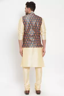Men Beige & Teal Kurta with Churidar & Printed Nehru Jacket