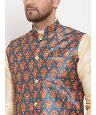 Men Beige & Teal Kurta with Churidar & Printed Nehru Jacket 5