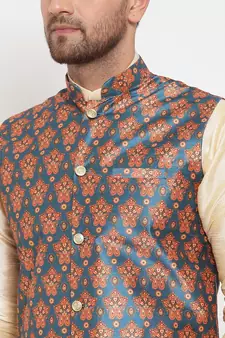 Men Beige & Teal Kurta with Churidar & Printed Nehru Jacket