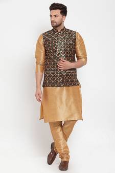Men Gold & Green Kurta with Churidar & Printed Nehru Jacket