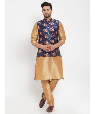 Men Gold & Blue Kurta with Churidar & Printed Nehru Jacket 1