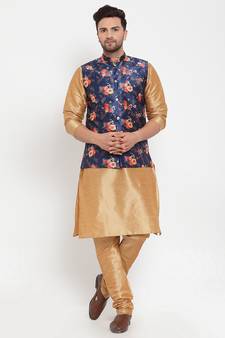 Men Gold & Blue Kurta with Churidar & Printed Nehru Jacket