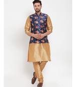 Men Gold & Blue Kurta with Churidar & Printed Nehru Jacket