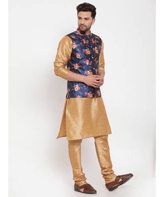 Men Gold & Blue Kurta with Churidar & Printed Nehru Jacket 2
