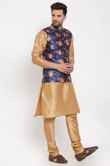 Men Gold & Blue Kurta with Churidar & Printed Nehru Jacket