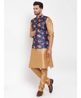 Men Gold & Blue Kurta with Churidar & Printed Nehru Jacket 3