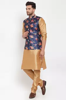 Men Gold & Blue Kurta with Churidar & Printed Nehru Jacket