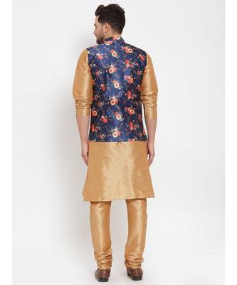 Men Gold & Blue Kurta with Churidar & Printed Nehru Jacket 4
