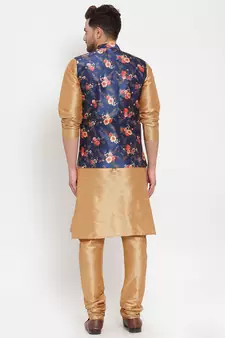 Men Gold & Blue Kurta with Churidar & Printed Nehru Jacket