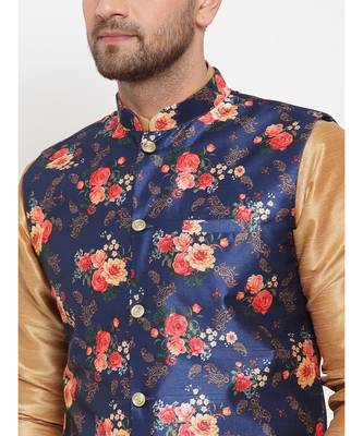 Men Gold & Blue Kurta with Churidar & Printed Nehru Jacket 5