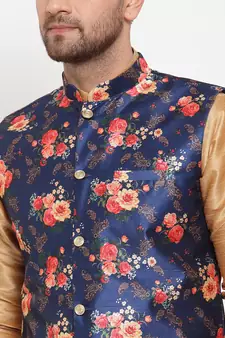 Men Gold & Blue Kurta with Churidar & Printed Nehru Jacket