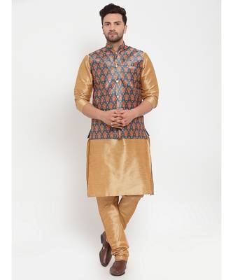 Men Gold & Teal Kurta with Churidar & Printed Nehru Jacket 1