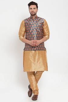 Men Gold & Teal Kurta with Churidar & Printed Nehru Jacket
