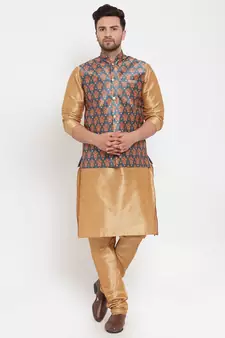 Men Gold & Teal Kurta with Churidar & Printed Nehru Jacket