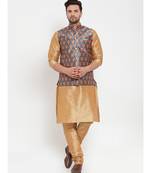 Men Gold & Teal Kurta with Churidar & Printed Nehru Jacket