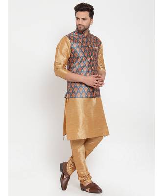 Men Gold & Teal Kurta with Churidar & Printed Nehru Jacket 2