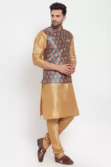 Men Gold & Teal Kurta with Churidar & Printed Nehru Jacket
