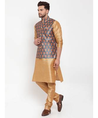 Men Gold & Teal Kurta with Churidar & Printed Nehru Jacket 3