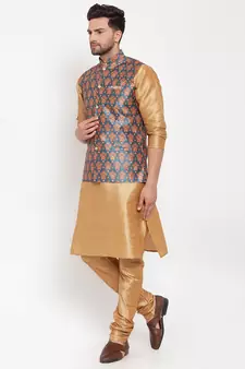 Men Gold & Teal Kurta with Churidar & Printed Nehru Jacket