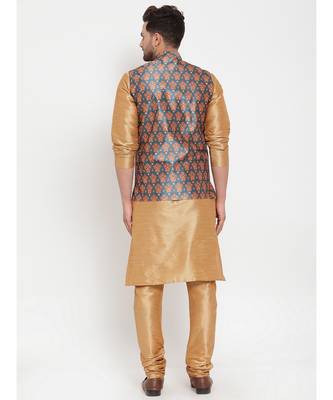 Men Gold & Teal Kurta with Churidar & Printed Nehru Jacket 4