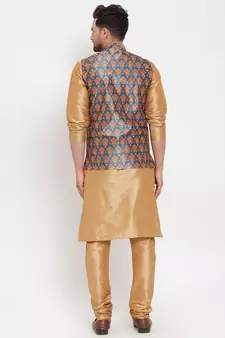 Men Gold & Teal Kurta with Churidar & Printed Nehru Jacket