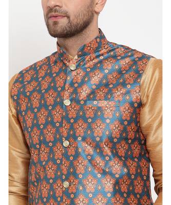 Men Gold & Teal Kurta with Churidar & Printed Nehru Jacket 5