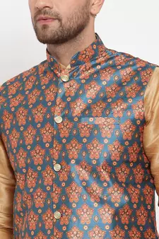 Men Gold & Teal Kurta with Churidar & Printed Nehru Jacket