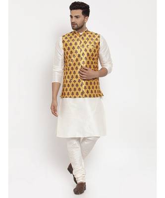 Men Cream & Yellow Kurta with Churidar & Printed Nehru Jacket 1