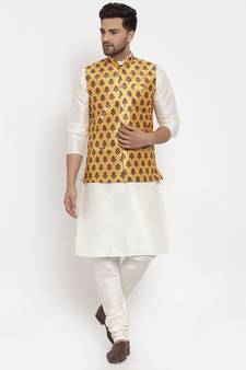 Men Cream & Yellow Kurta with Churidar & Printed Nehru Jacket
