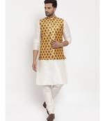 Men Cream & Yellow Kurta with Churidar & Printed Nehru Jacket