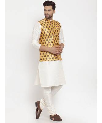 Men Cream & Yellow Kurta with Churidar & Printed Nehru Jacket 2