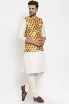Men Cream & Yellow Kurta with Churidar & Printed Nehru Jacket