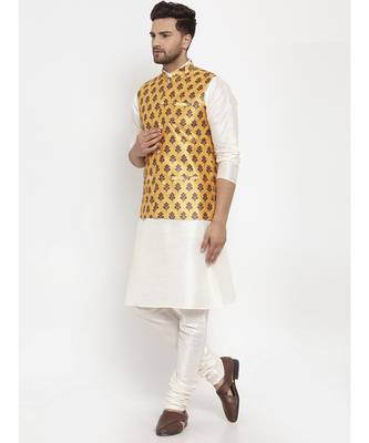 Men Cream & Yellow Kurta with Churidar & Printed Nehru Jacket 3