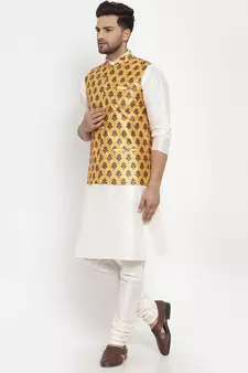 Men Cream & Yellow Kurta with Churidar & Printed Nehru Jacket
