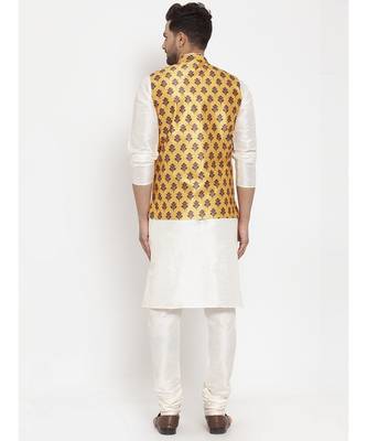 Men Cream & Yellow Kurta with Churidar & Printed Nehru Jacket 4