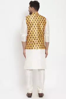 Men Cream & Yellow Kurta with Churidar & Printed Nehru Jacket
