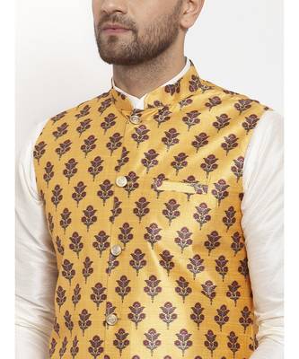 Men Cream & Yellow Kurta with Churidar & Printed Nehru Jacket 5