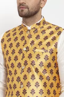 Men Cream & Yellow Kurta with Churidar & Printed Nehru Jacket