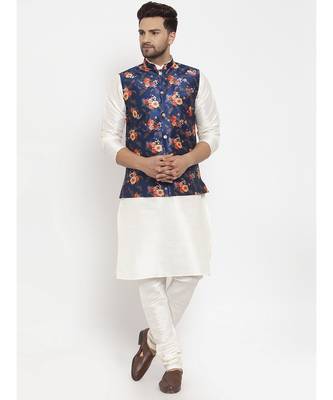 Men Cream & Blue Kurta with Churidar & Printed Nehru Jacket 1