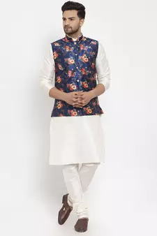 Men Cream & Blue Kurta with Churidar & Printed Nehru Jacket