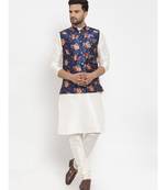 Men Cream & Blue Kurta with Churidar & Printed Nehru Jacket