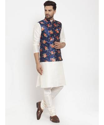 Men Cream & Blue Kurta with Churidar & Printed Nehru Jacket 2
