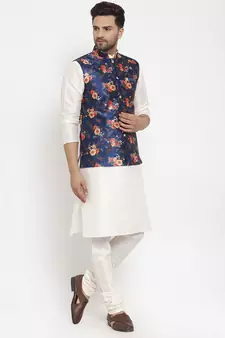 Men Cream & Blue Kurta with Churidar & Printed Nehru Jacket